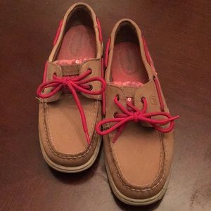 Brown Sperry topsiders with pink cheetah accent